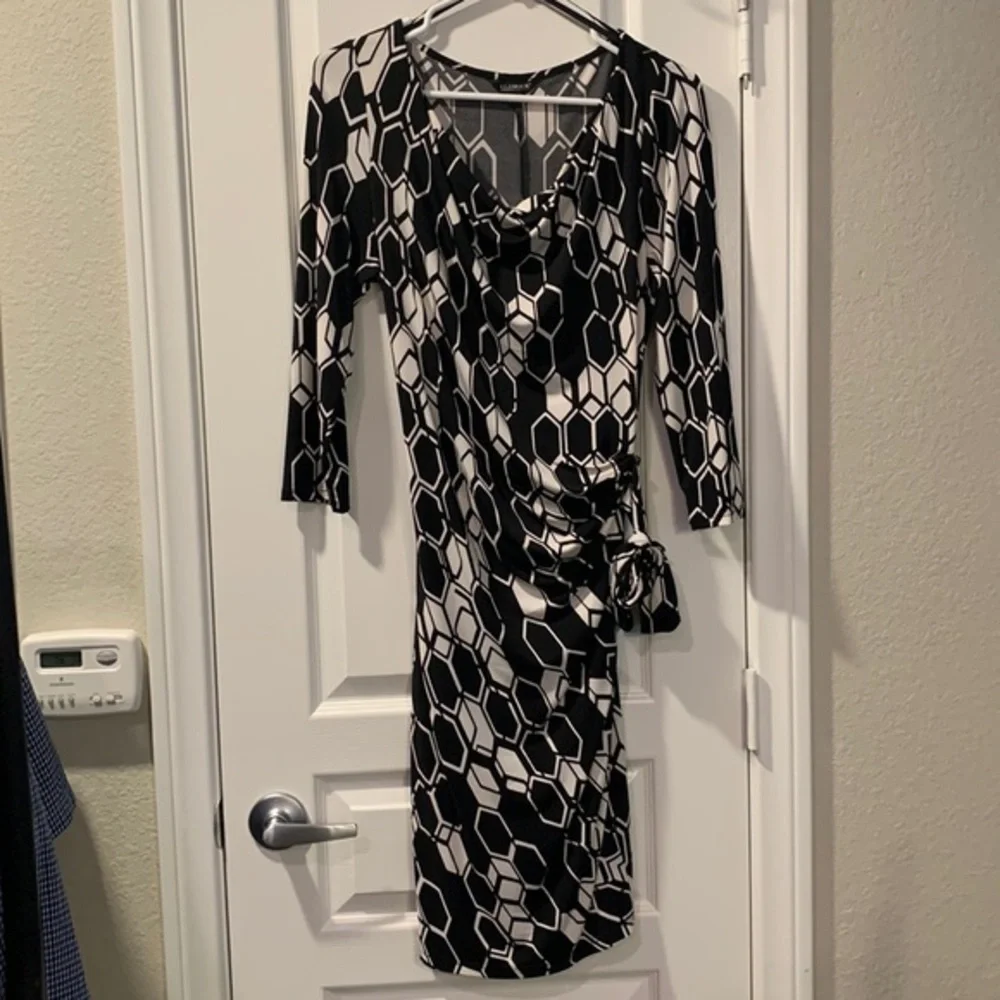 Glamour Black Tan Tie Dress 3/4 Sleeve Size 12/14 EUC #0021